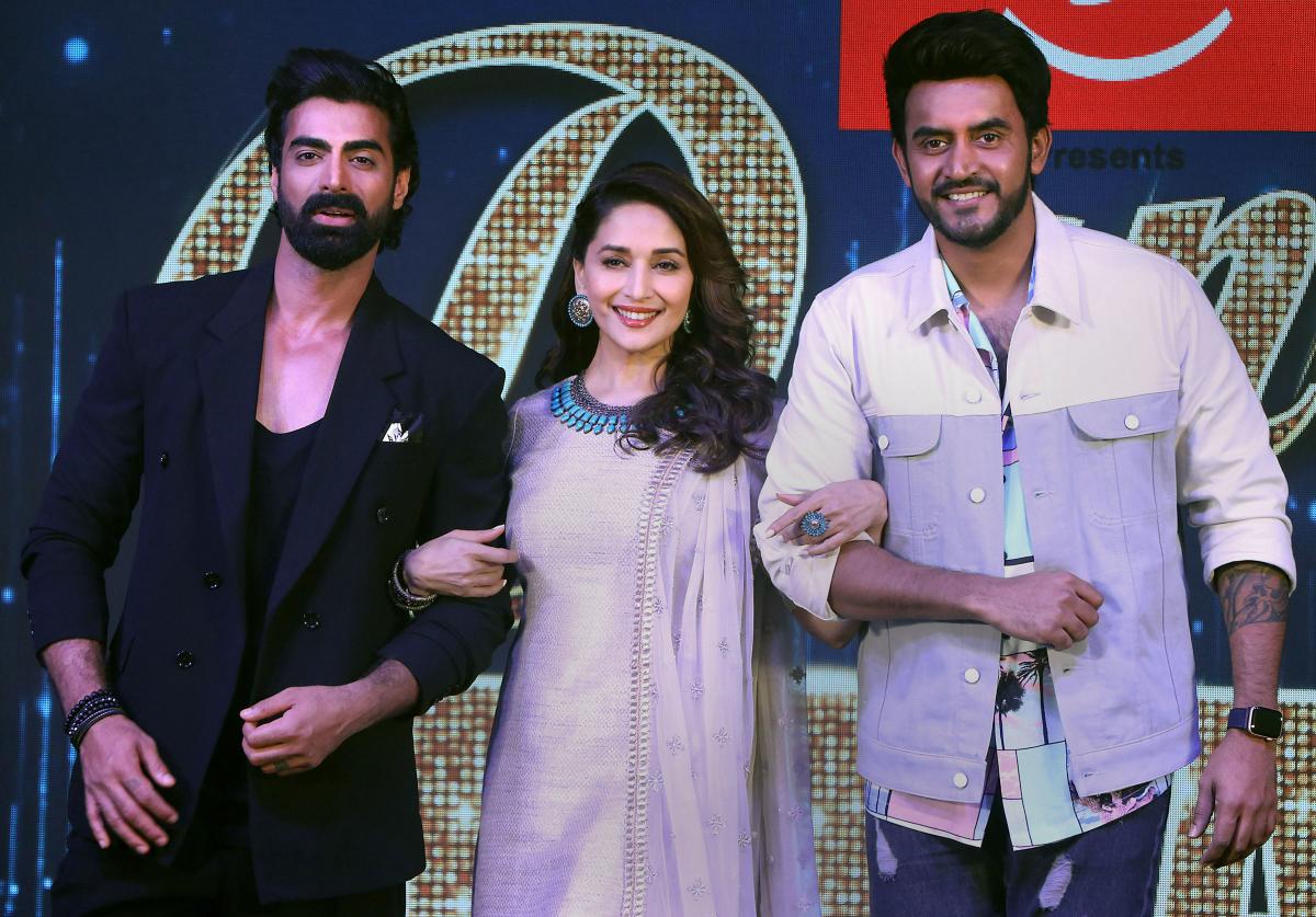 Bollywood actor Madhuri Dixit, choreographer Tushar Kalia and director Shashank Khaitan during the launch of new dance reality show 'Dance Deewane 2' on Colors, in Mumbai. PTI Photo
