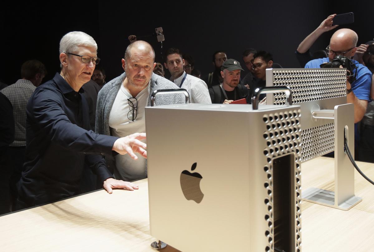 Apple CEO Tim Cook, left, and chief design officer Jonathan Ive look at a Mac Pro in the display room at the Apple Worldwide Developers Conference in San Jose, California. (AP/PTI Photo)