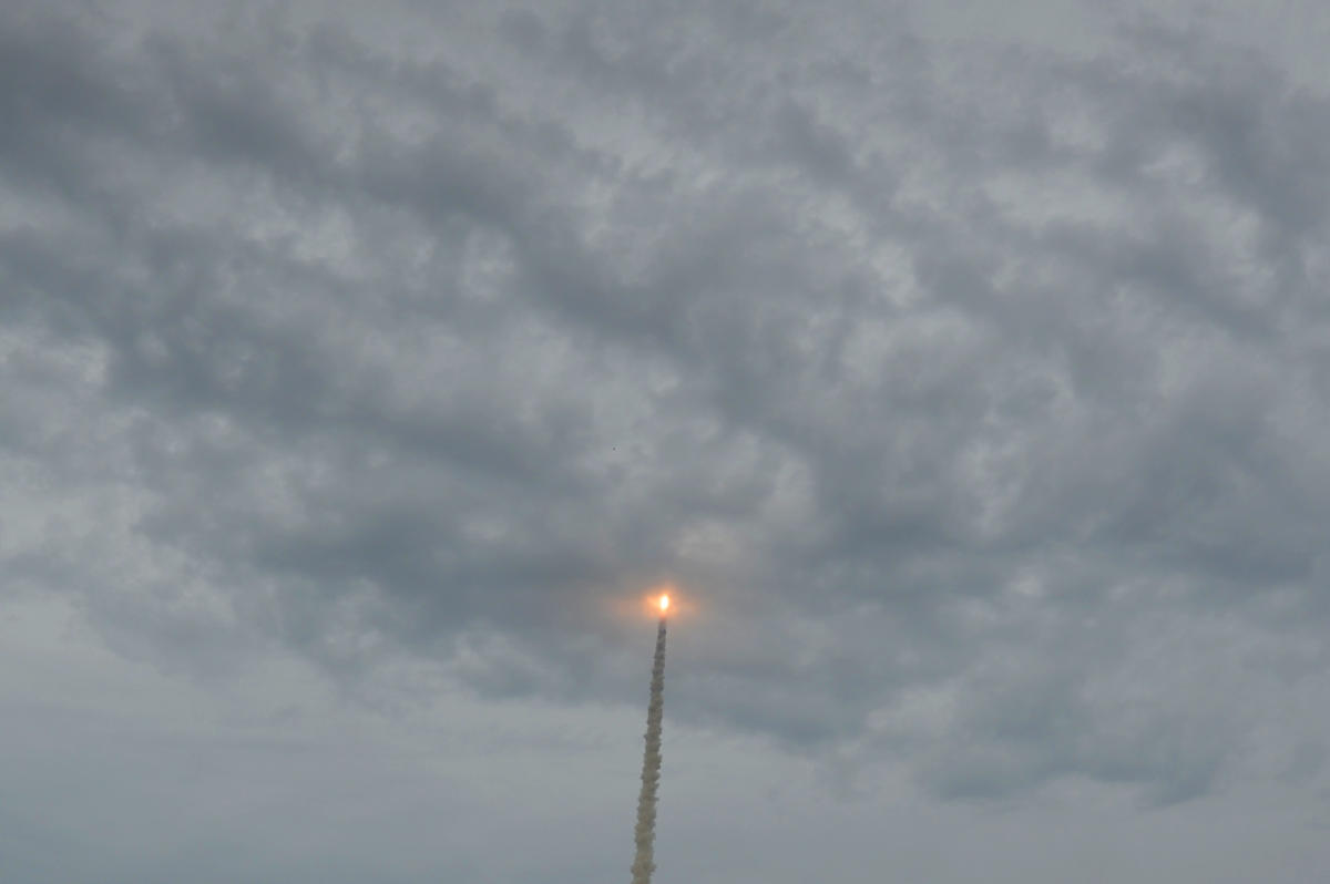 GSLV Mark III, the rocket that is being used for the Chandrayaan-2 mission takes off from Satish Dhawan Space Centre (SDSC) SHAR, Sriharikota, on Monday. (DH Photo/Pushkar V)