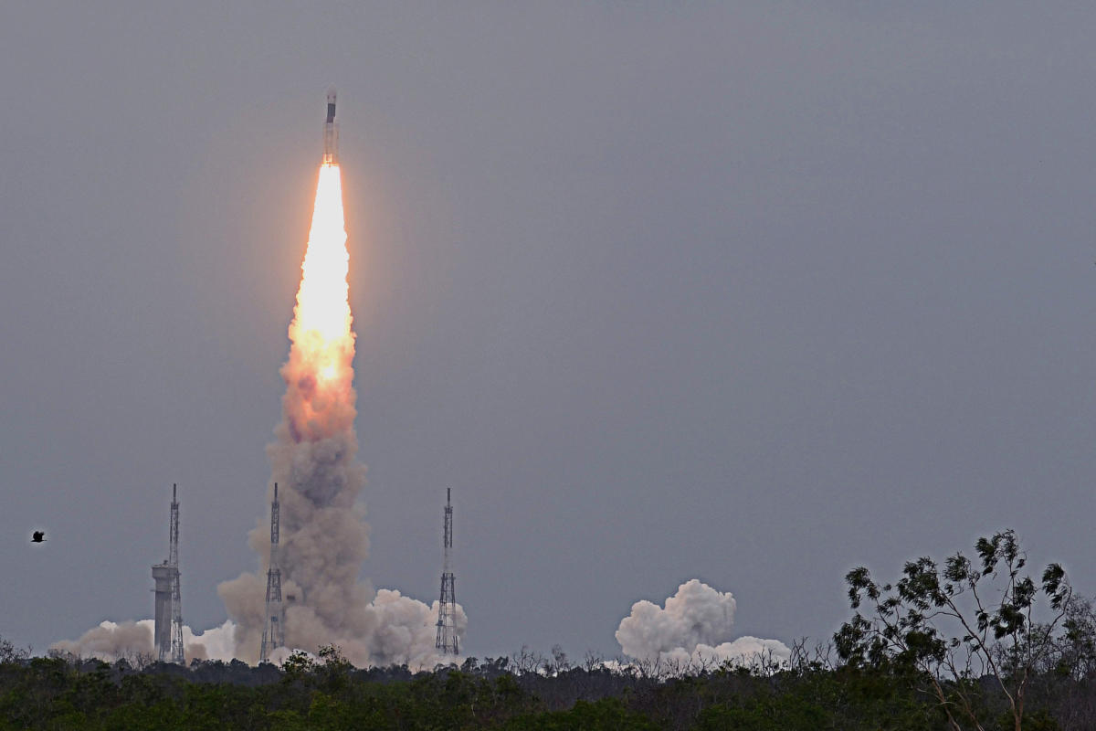GSLV Mark III, the rocket that is being used for the Chandrayaan-2 mission takes off from Satish Dhawan Space Centre (SDSC) SHAR, Sriharikota, on Monday. (DH Photo/Pushkar V)