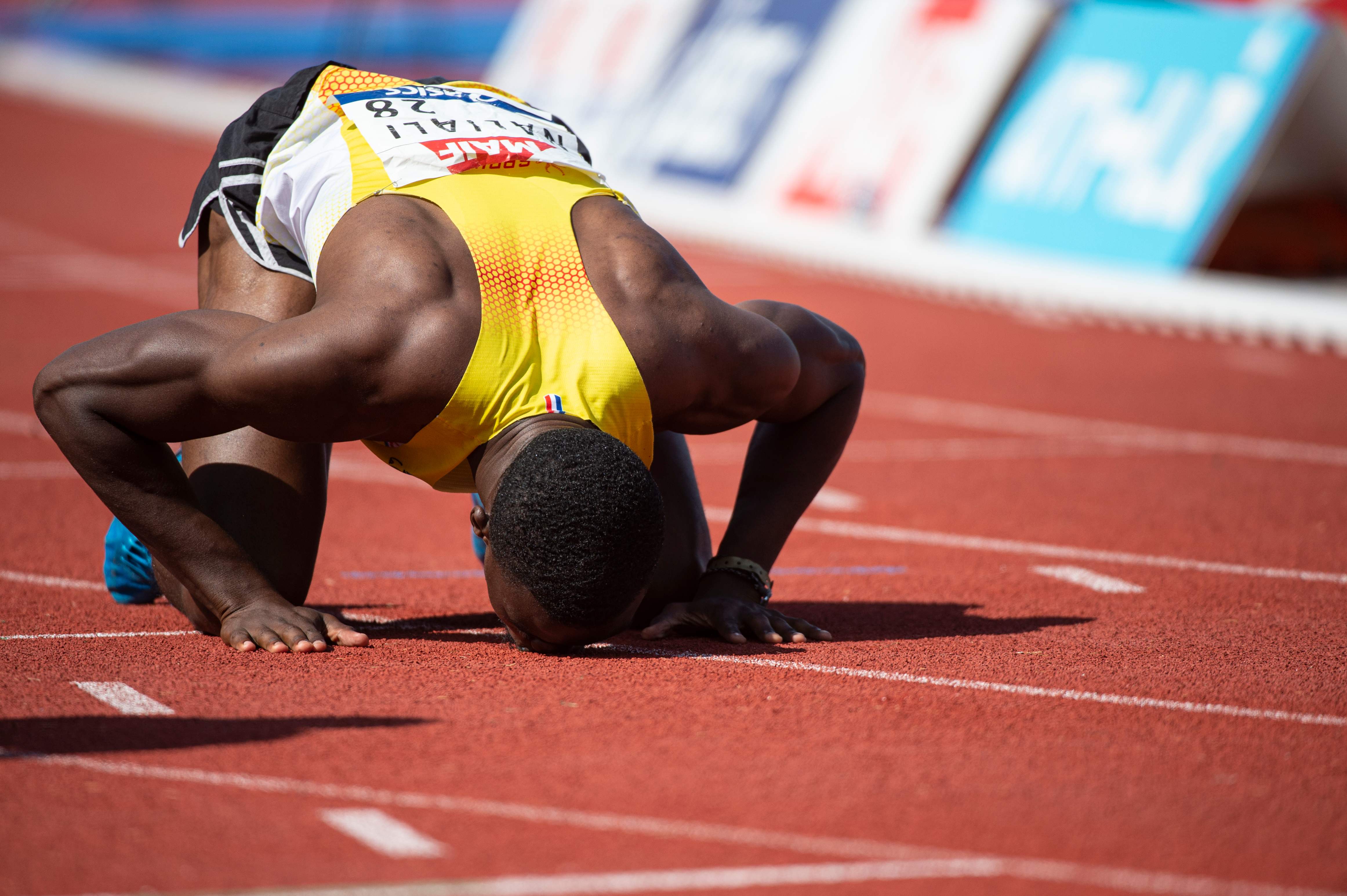 Christopher Naliali reacts after winning the men's final 400m during the France Athletics Championships 2019 at the Henri-Lux stadium in Saint-Etienne, central eastern France. (AFP)