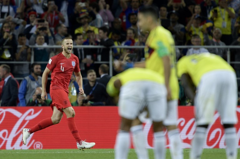 England's midfielder Eric Dier celebrates scoring during the penalty shootout during the Russia 2018 World Cup round of 16 football match between Colombia and England at the Spartak Stadium in Moscow on July 3, 2018.  Juan Mabromata / AFP
