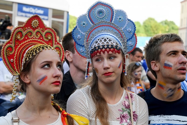 Russia's fans react as they watch the Russia 2018 World Cup football match between Uruguay and Russia on June 25, 2018 at the FIFA Fans Fest in Saint-Petersburg. Source: OLGA MALTSEVA / AFP
