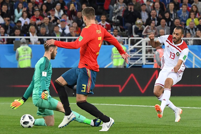 Morocco's forward Khalid Boutaib scores a goal during the Russia 2018 World Cup Group B football match between Spain and Morocco at the Kaliningrad Stadium in Kaliningrad on June 25, 2018. Source: Patrick HERTZOG / AFP