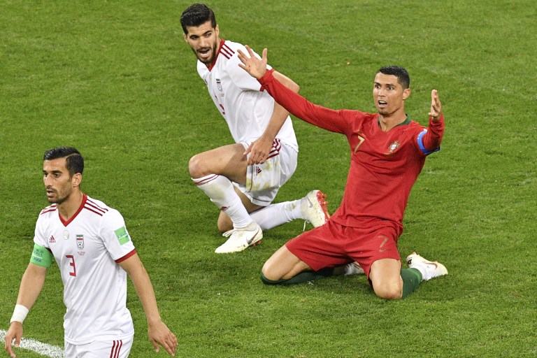 Portugal's forward Cristiano Ronaldo calls for a penalty during the Russia 2018 World Cup Group B football match between Iran and Portugal at the Mordovia Arena in Saransk on June 25, 2018. Source: Mladen ANTONOV / AFP