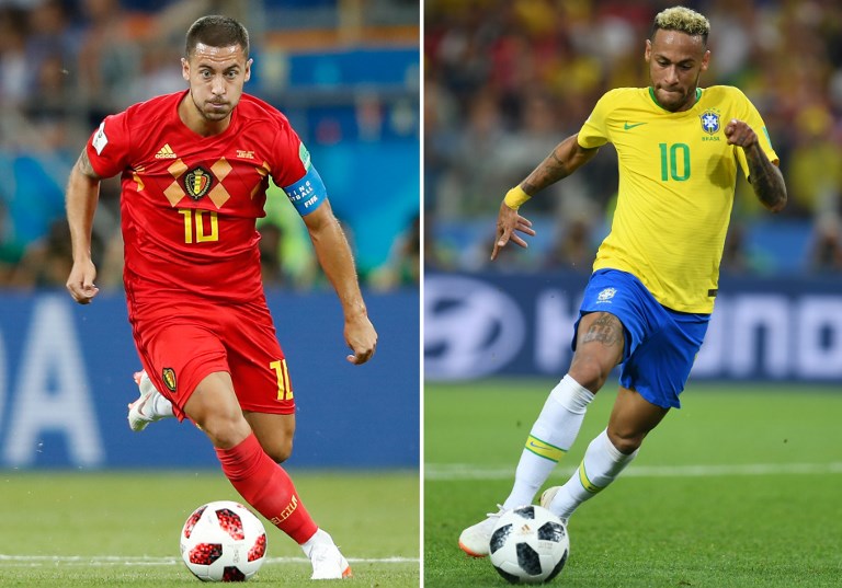 These photos show Belgium's forward Eden Hazard (L) and Brazil's forward Neymar. Brazil will face Belgium in their Russia 2018 World Cup quarter-final football match at the Kazan Arena in Kazan on July 6, 2018. Credit: Odd ANDERSEN, Patrik STOLLARZ / AFP