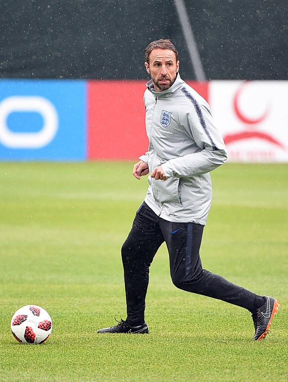 England's coach Gareth Southgate takes part in a training session in Repino ahead of their Russia 2018 World Cup quarter-final match against Sweden. Credit: Paul ELLIS / AFP