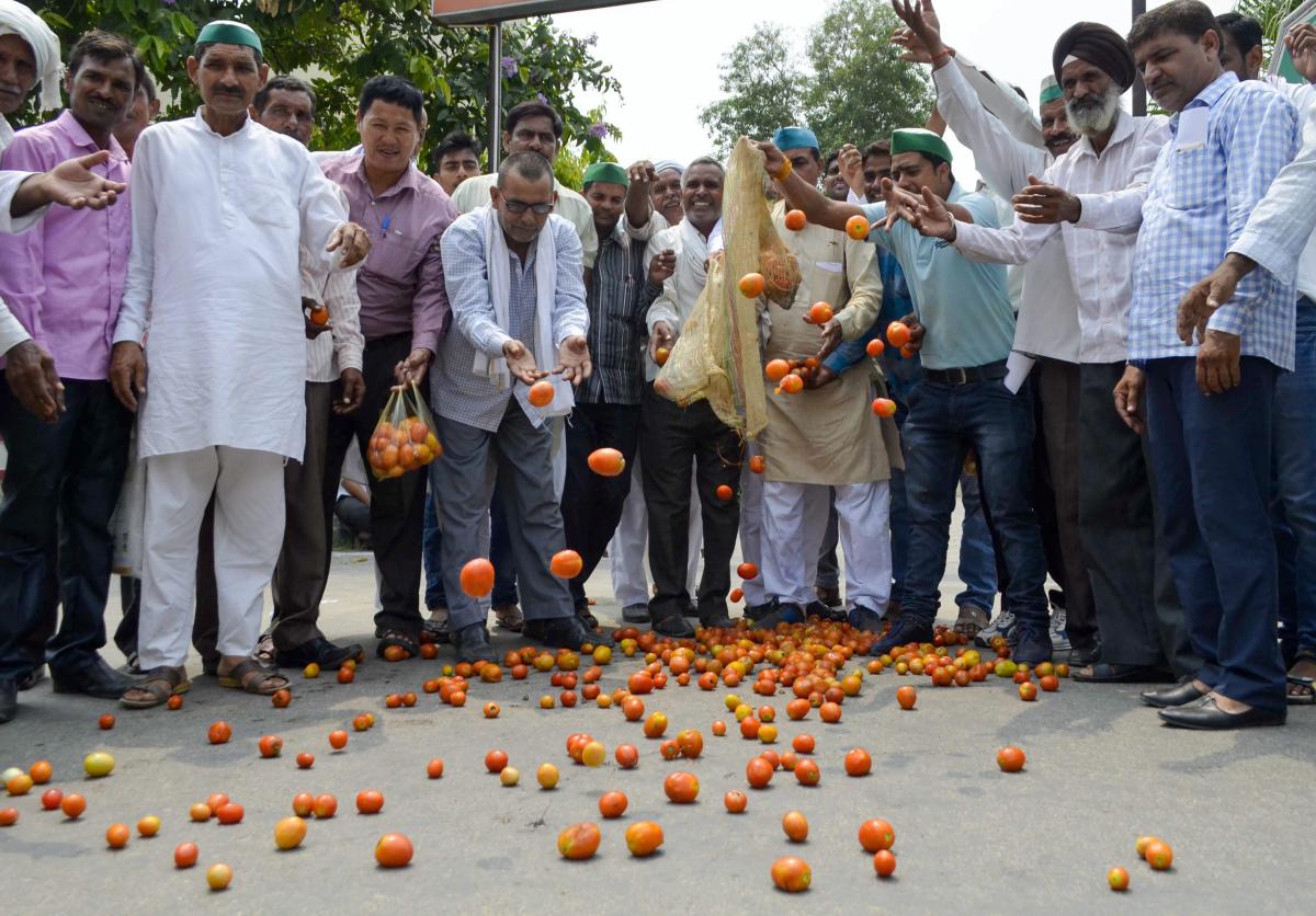 Members of Bhartiya Kisan Union raise slogans during a protest demanding for loan waivers of and proper price for crops, in Moradabad on Friday.PTI Photo