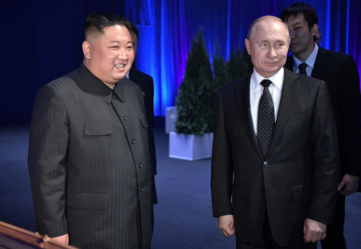 Russian President Vladimir Putin meets with North Korean leader Kim Jong Un at the Far Eastern Federal University campus on Russky island in the far-eastern Russian port of Vladivostok on April 25, 2019. (Photo by Alexey NIKOLSKY / SPUTNIK / AFP)