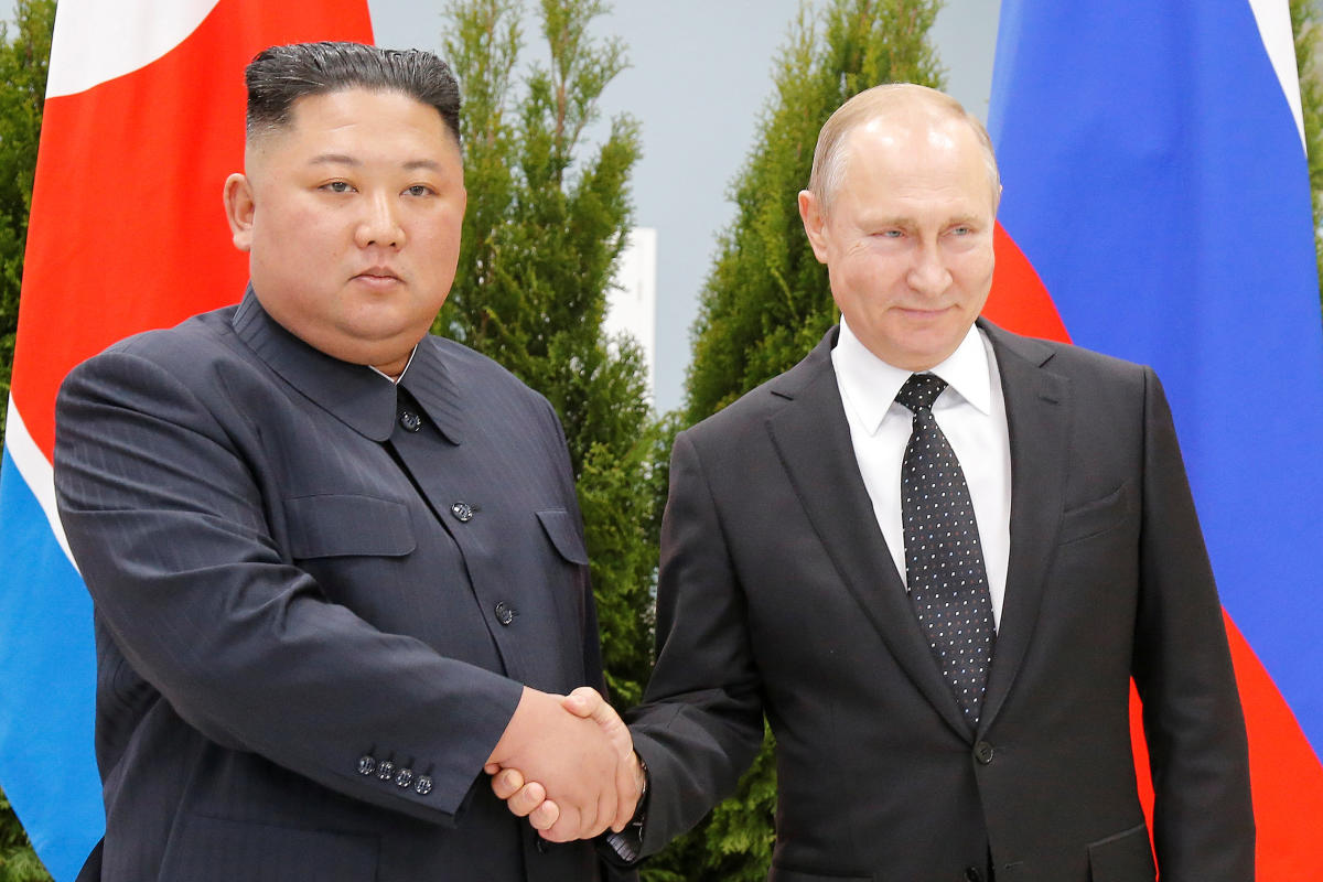 Russian President Vladimir Putin and North Korea's leader Kim Jong Un shake hands during their meeting in Vladivostok, Russia, April 25, 2019. Alexander Zemlianichenko/Pool via REUTERS
