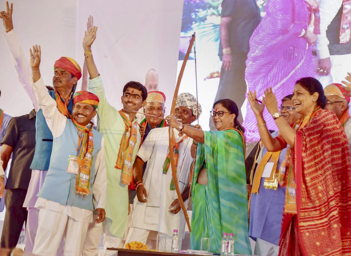 Rajasthan Chief Minister Vasundhara Raje during 'Rajasthan Gaurav Yatra' at Gogunda near Udaipur on Sunday. PTI photo