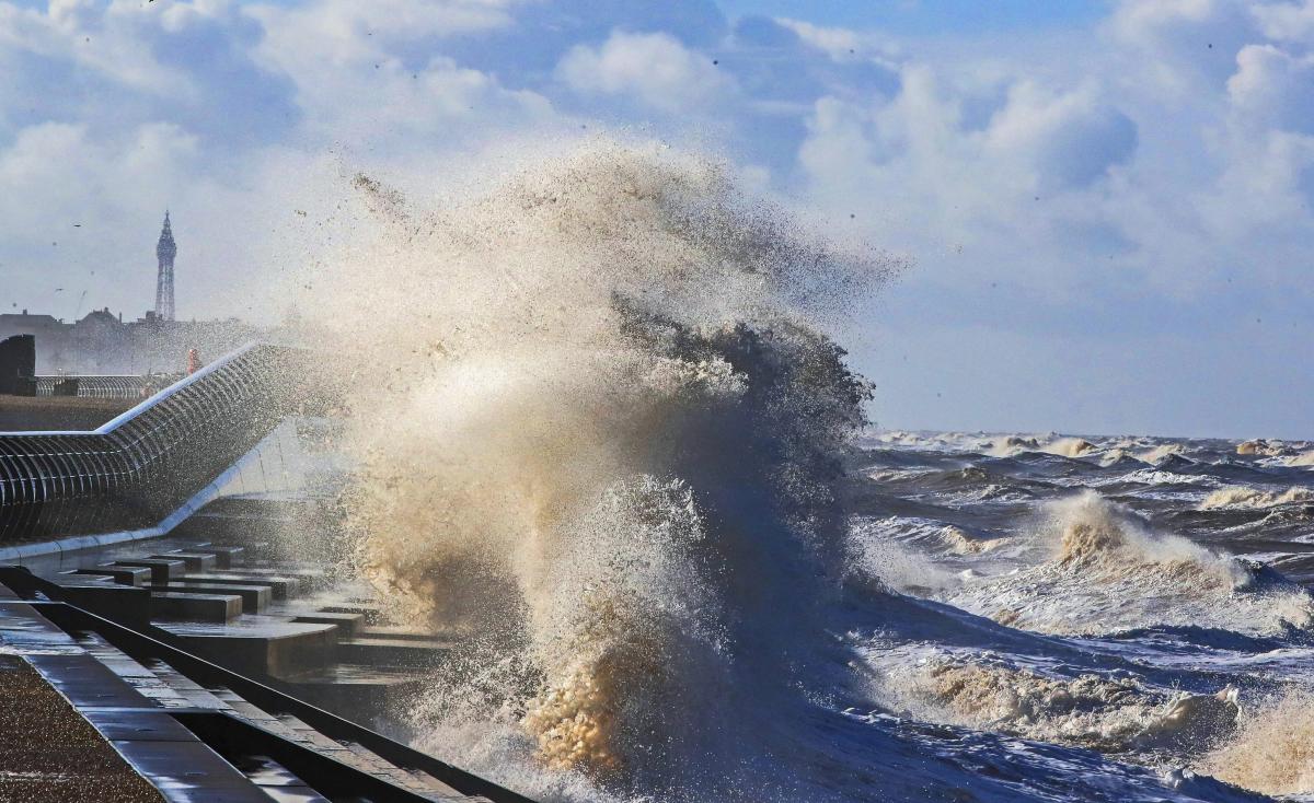 Waves crash over the sea wall at Cleveleys near Blackpool, western England, as high winds and rain hit many parts of the country Monday March 4, 2019. The remains of Storm Freya which has battered Britain with gales, heavy rain and snow causing widespread travel disruption. AP/PTI