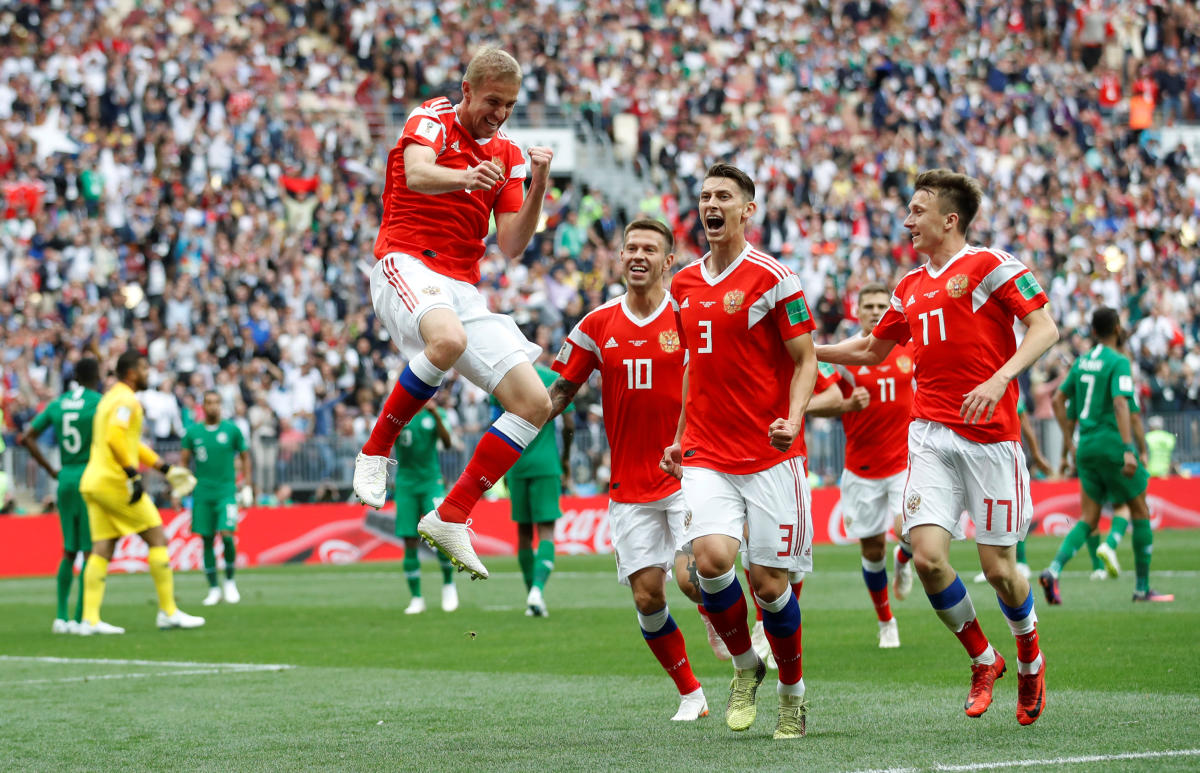 World Cup - Group A - Russia vs Saudi Arabia : Russia's Yury Gazinsky celebrates scoring their first goal with team mates in Luzhniki Stadium, Moscow, Russia. REUTERS