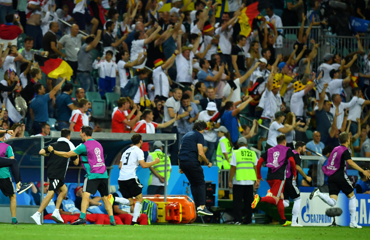 World Cup - Group F - Germany vs Sweden - Fisht Stadium, Sochi, Russia - June 23, 2018 Germany substitutes and coach Joachim Low celebrate after Toni Kroos (not pictured) scored their second goal. Reuters