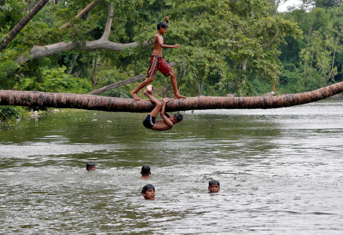 A boy prepares to jump from a fallen coconut tree into a lake on a hot summer day, amidst the outbreak of the coronavirus disease (Covid-19) in Kolkata, India, July 19, 2020. Credit: REUTERS