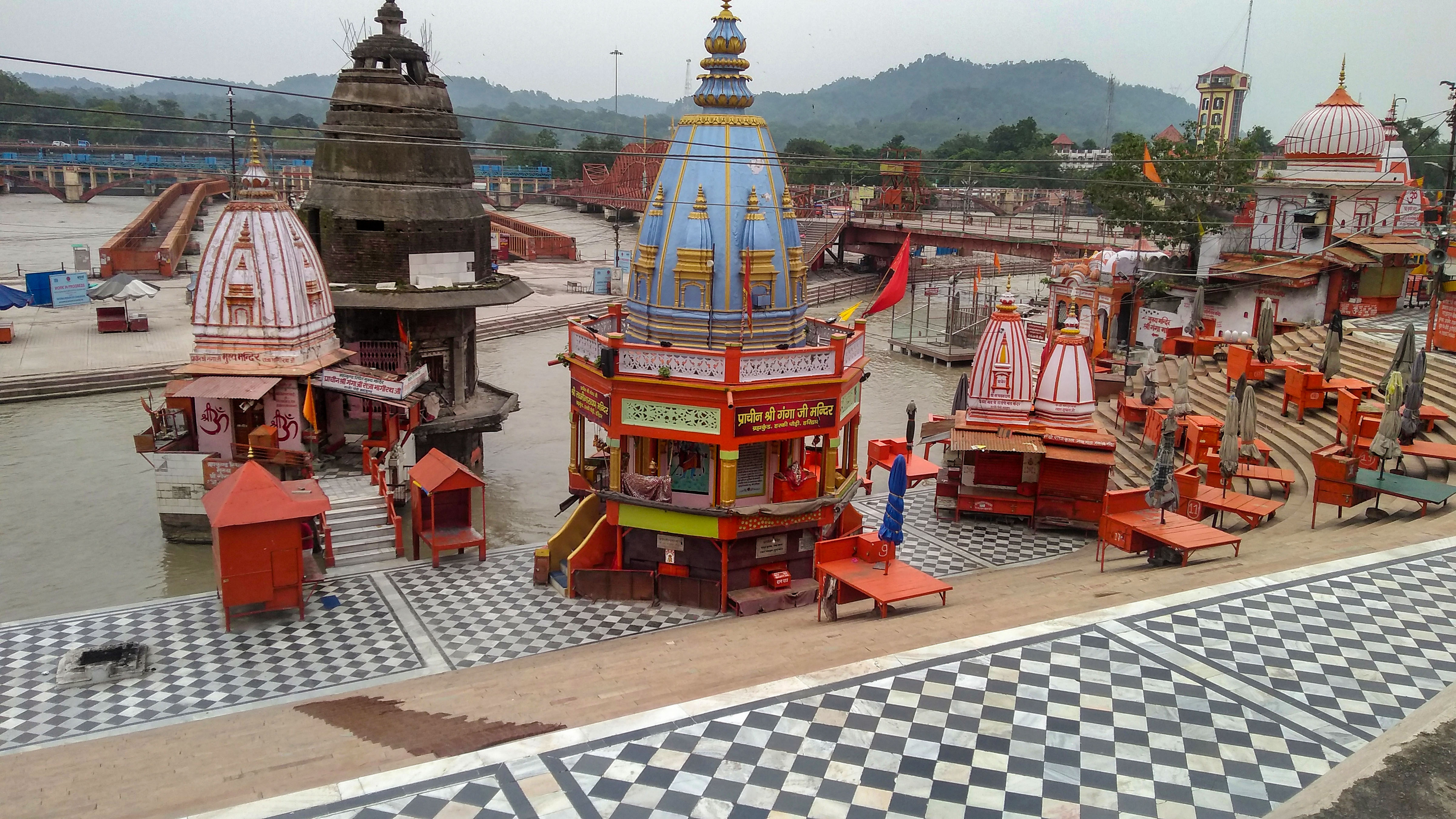 Har Ki Pauri Ghat wears a deserted look during 'Somvati Amavasya' on the third Monday of the Hindu 'Sawan' month, amid the ongoing COVID-19 lockdown, in Haridwar, Monday, July 20, 2020. Credit: PTI Photo