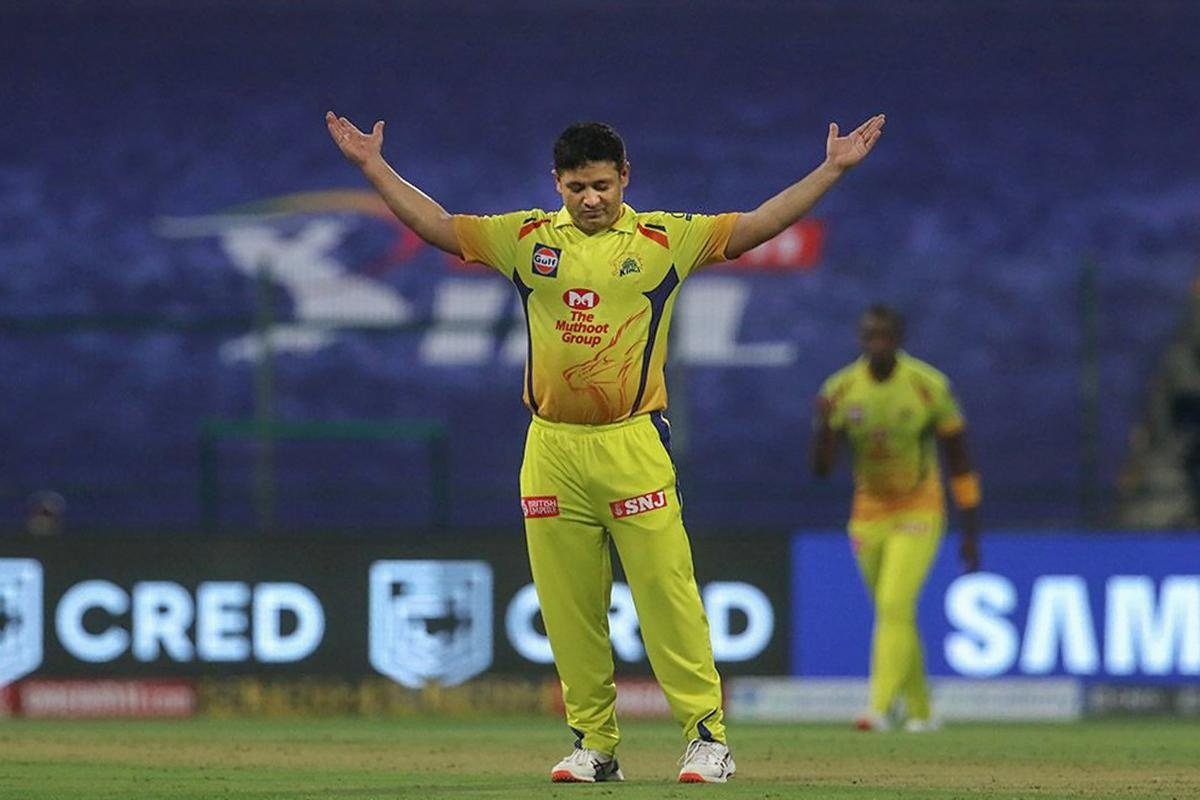 CSK player Piyush Chawla reacts after taking the wicket of Mumbai Indians Skipper Rohit Sharma. Credit: PTI Photo