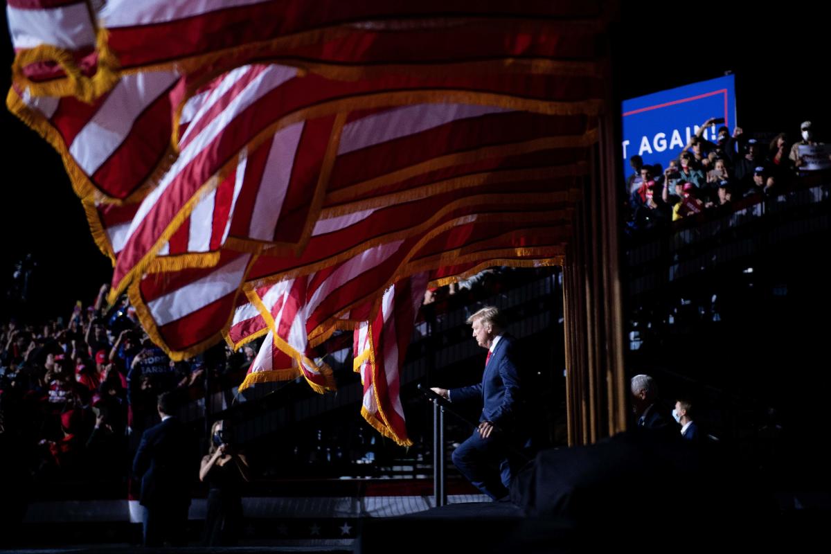 US President Donald Trump arrives for a rally at Newport News/Williamsburg International in Newport News, Virginia. Credit: AFP Photo