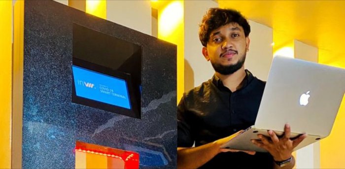 Mohammed Sehil came up with a device to prevent social expansion of Covid-19. The new device — inVIA has a sanitizer facility and is also able to detect warmer temperatures, as well as communicate all Covid-related messages via mobile and enable transparency in complying with government protocols. Credit: DH File Photo