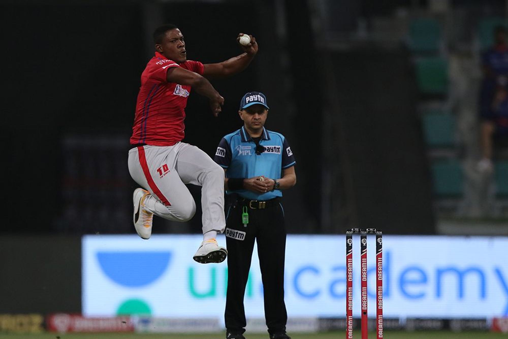 Sheldon Cottrell of Kings XI Punjab bowls to the Mumbai Indians. Credit: iplt20.com, BCCI