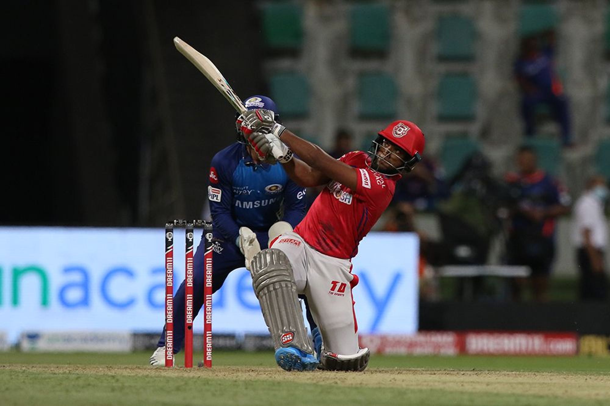 Nicholas Pooran of Kings XI Punjab plays a shot against Mumbai Indians during the IPL 2020 match. Credit: iplt20.com, BCCI