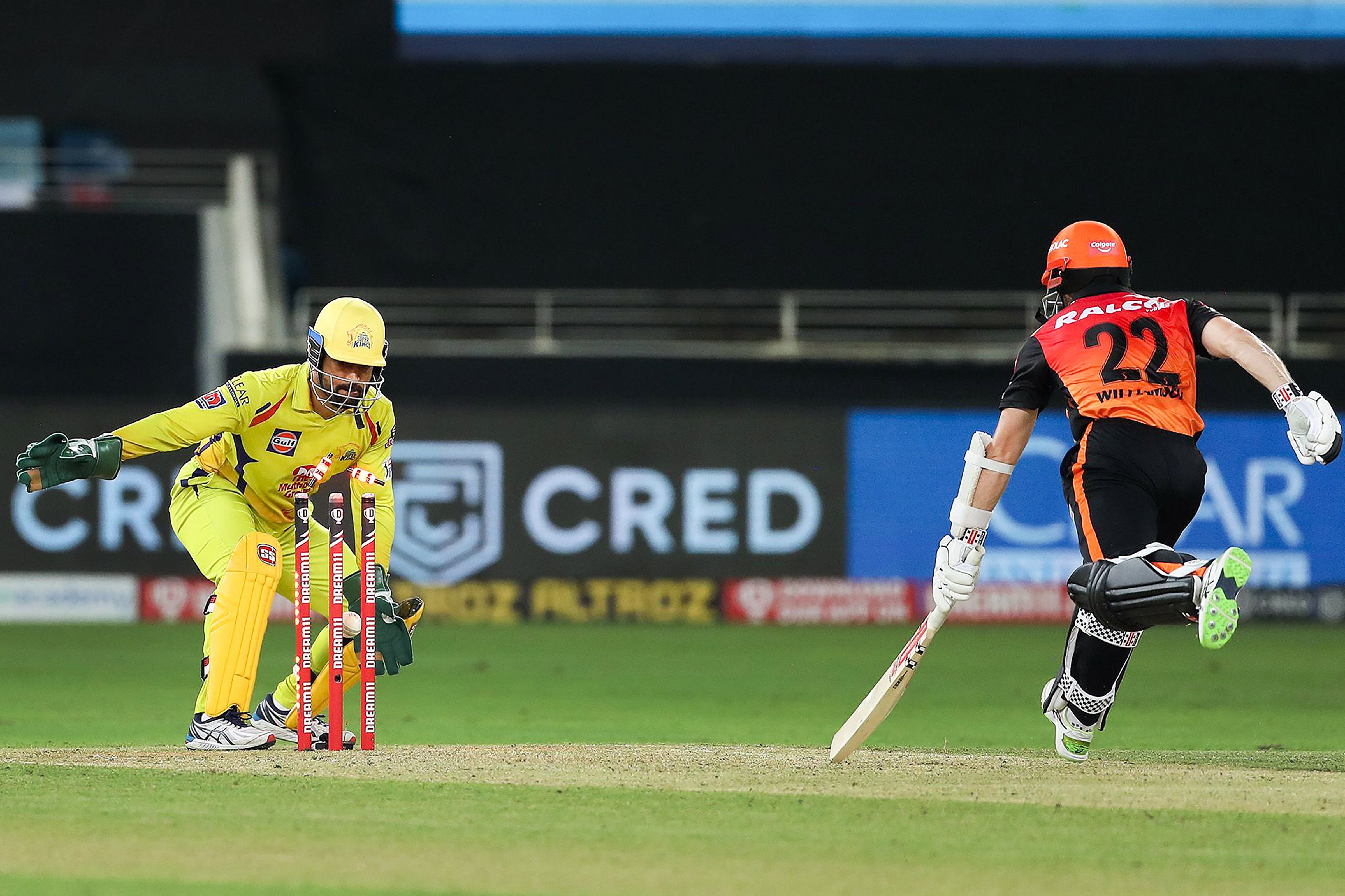 Chennai Super Kings captain MS Dhoni runs out Sunrisers Hyderabad batsman Kane Williamson during the Indian Premier League 2020 cricket match. Credit: PTI