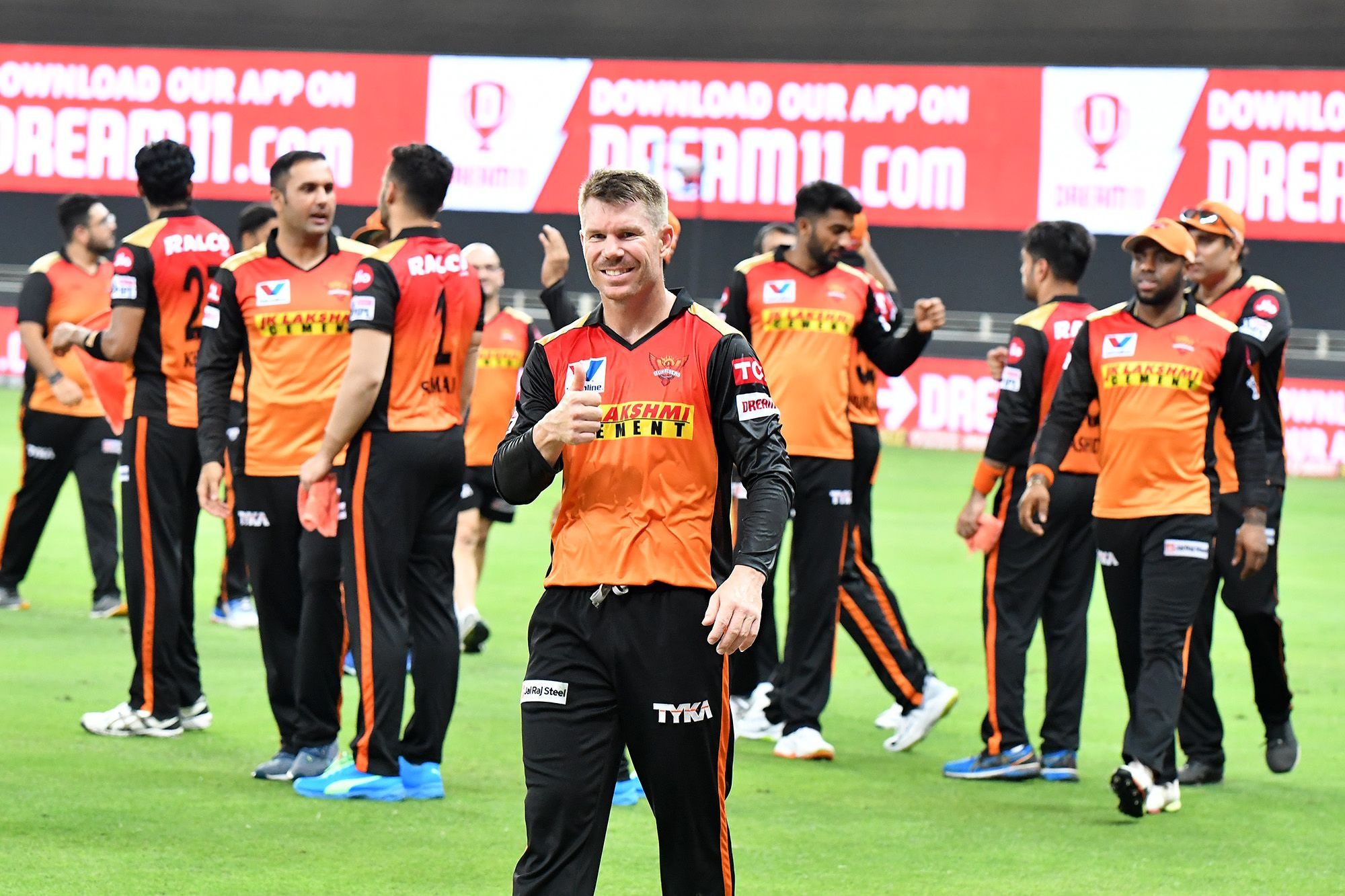 Sun Risers Hyderabad Captain David Warner celebrates after SRH won over CSK after the match 14 of season 13 of the Dream 11 Indian Premier League (IPL) between the Chennai Super Kings and the Sunrisers Hyderabad held at the Dubai International Cricket Stadium, Dubai. Credit: IPL official website (www.iplt20.com)