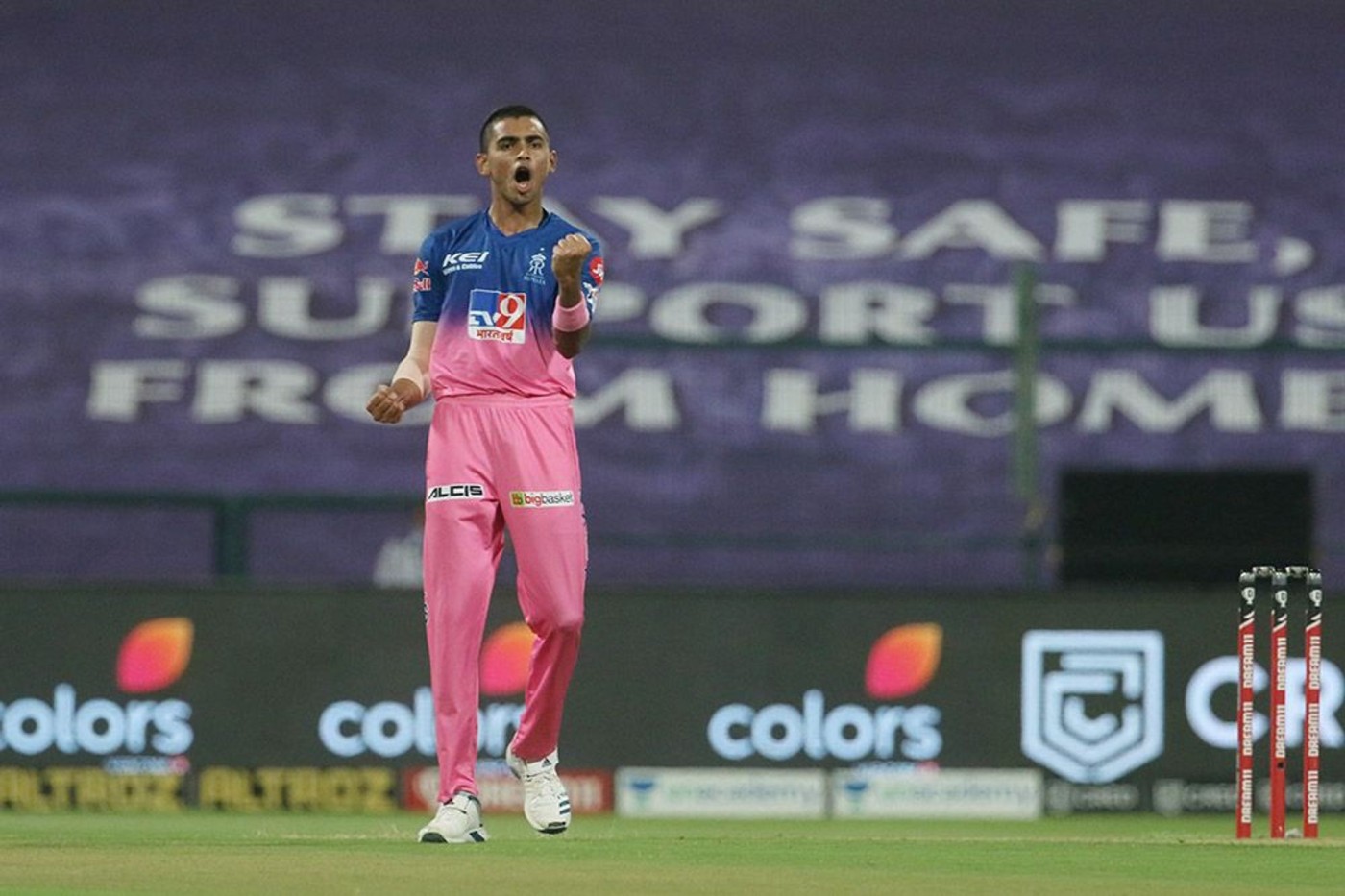 Kartik Tyagi of Rajasthan Royals celebrates the wicket of Quinton de Kock of Mumbai Indians. Credit: Iplt20.com/BCCI