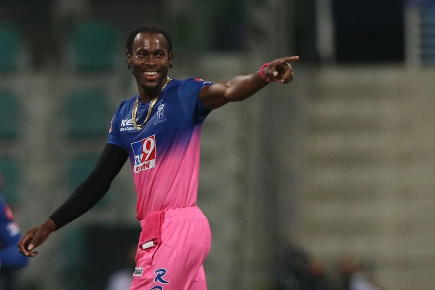 Jofra Archer of Rajasthan Royals celebrates the wicket of Krunal Pandya of Mumbai Indians. Credit: Iplt20.com/BCCI
