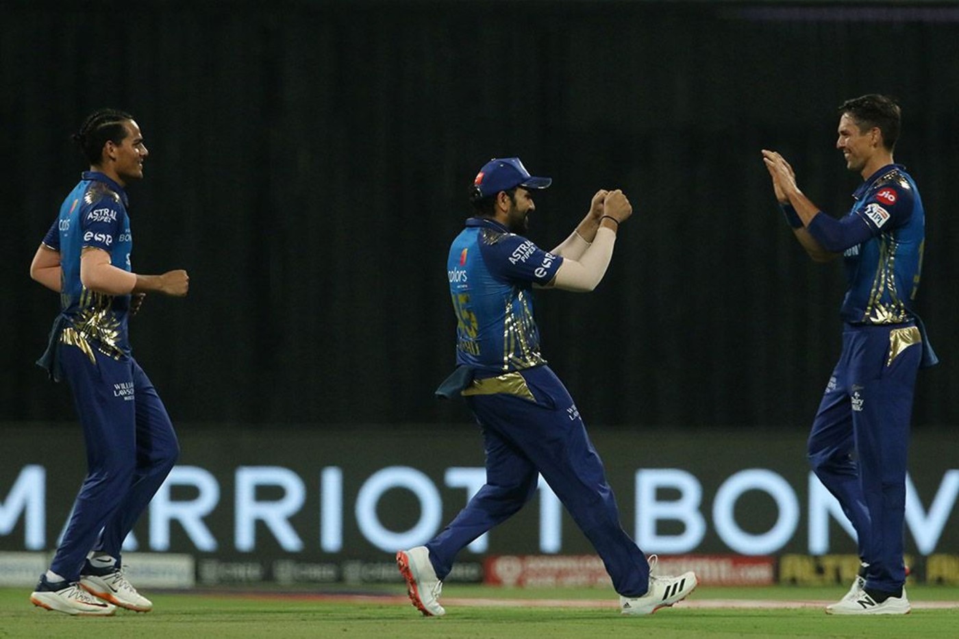 Rohit Sharma captain of Mumbai Indians and Trent Boult of Mumbai Indians celebrates the wicket of Sanju Samson of Rajasthan Royals. Credit: Iplt20.com/BCCI