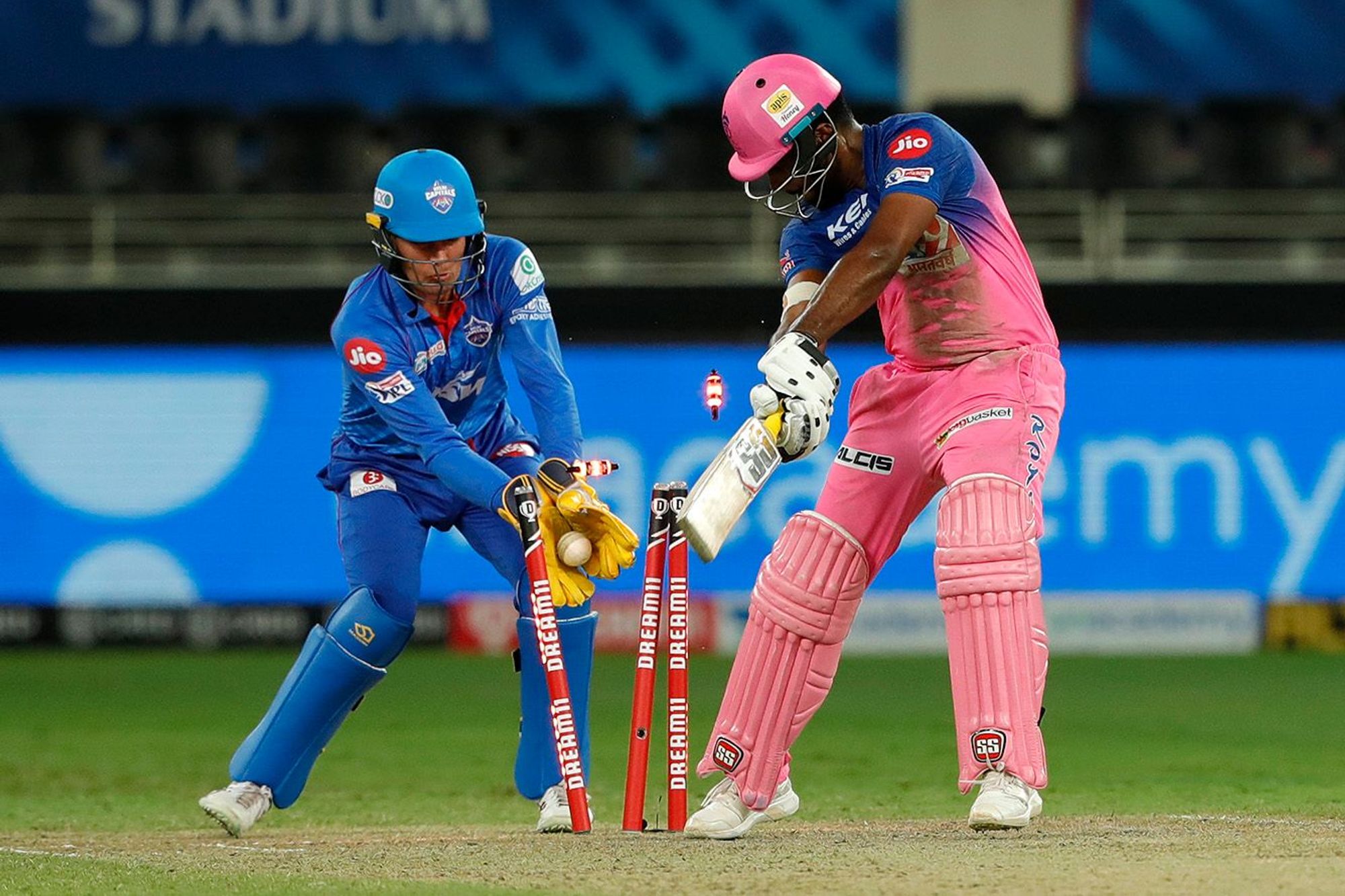 Sanju Samson of Rajasthan Royals gets castled by Axar Patel. Credit: IPL Official Website/iplt20.com