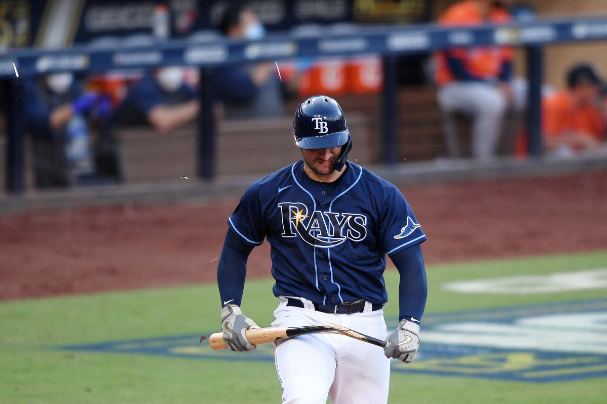 Tampa Bay Rays catcher Mike Zunino (10) breaks his bat after striking out against the Houston Astros during the fifth inning during game six of the 2020 ALCS at Petco Park. Credit: USA Today Sports Photo