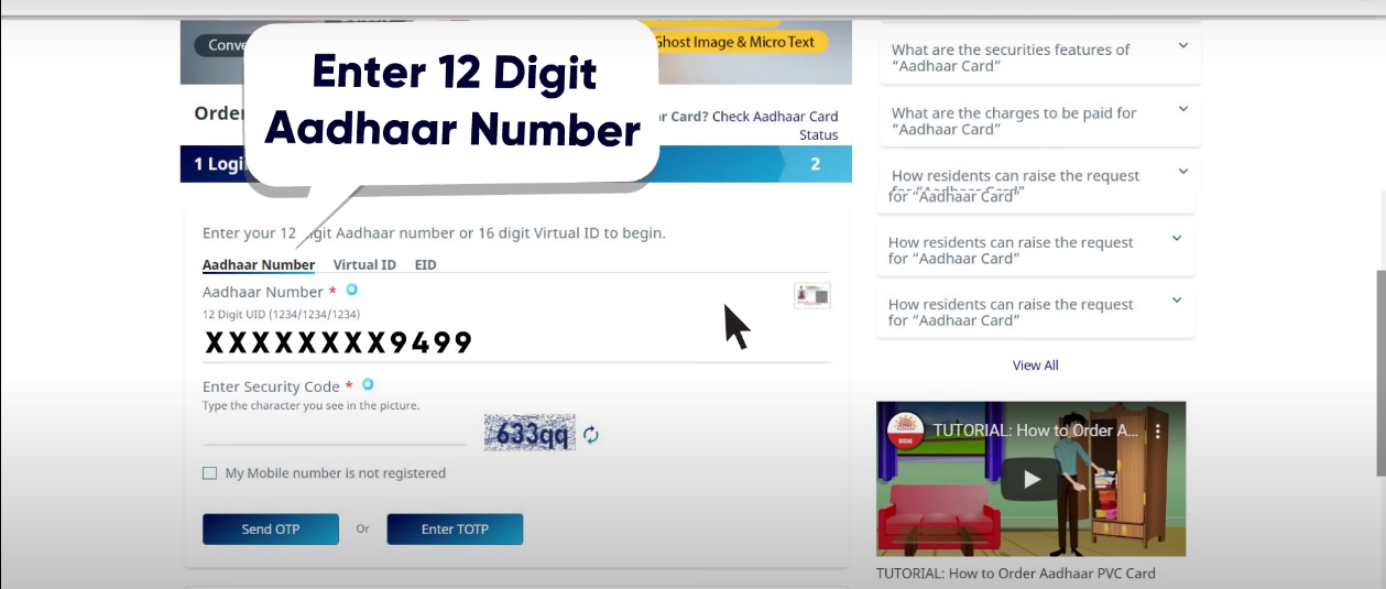 Step 3: Enter Aadhaar Number (UID) or Enrollment ID (EID) in the section.