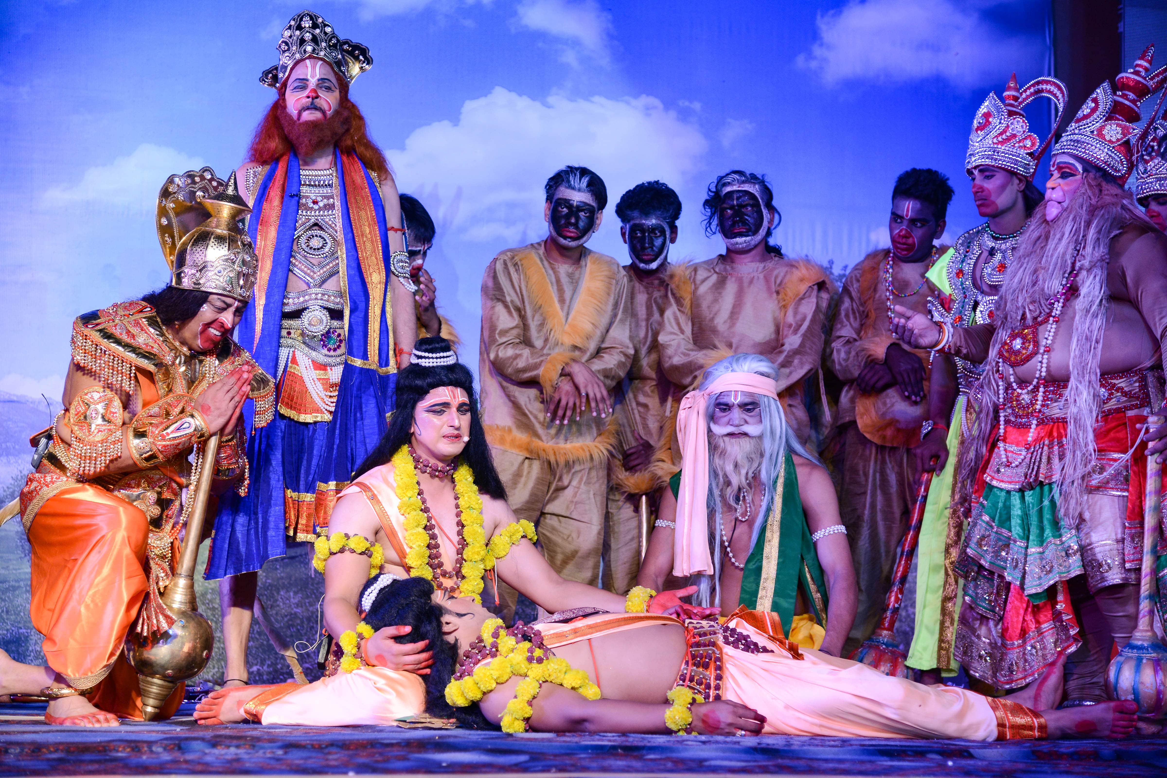 Artists perform Ramlila, a dramatic re-enactment of the life of Lord Ram, at Laxman Qila in Ayodhya. Credit: PTI Photo