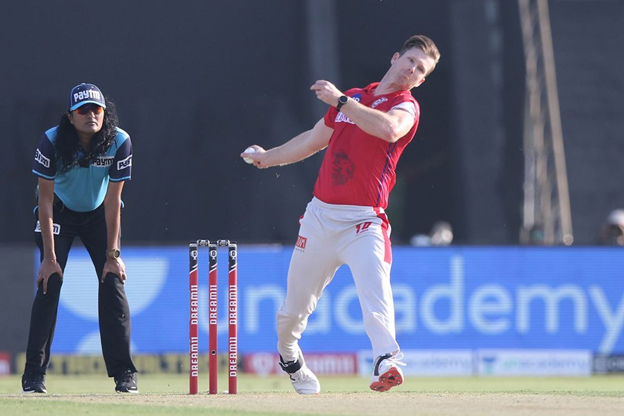 James Neesham of Kings XI Punjab bowls during the match. Credit: iplt20.com/BCCI