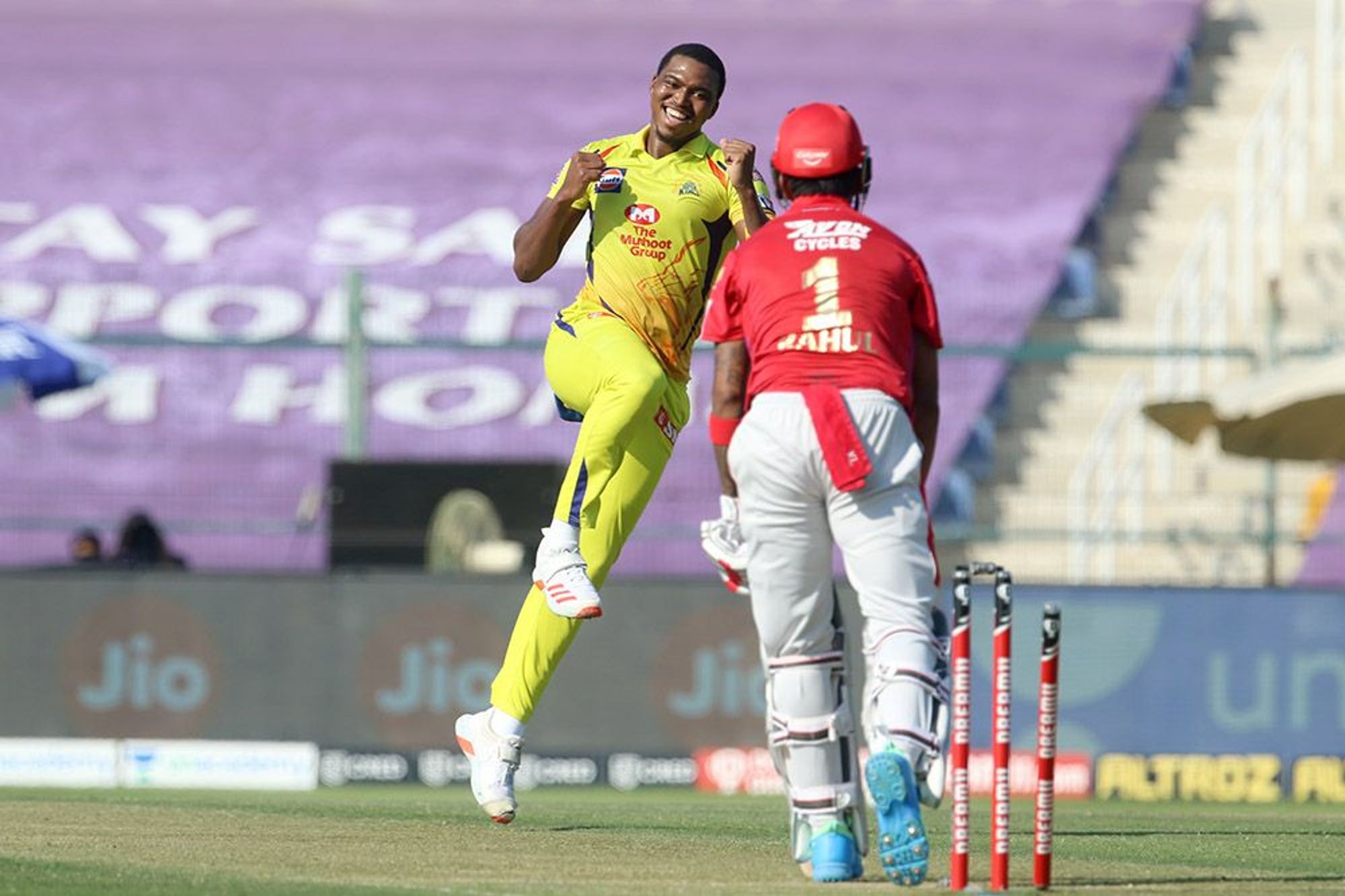 Lungisani Ngidi of Chennai Superkings celebrates the wicket of KL Rahul captain of Kings XI Punjab during the match. Credit: iplt20.com/BCCI