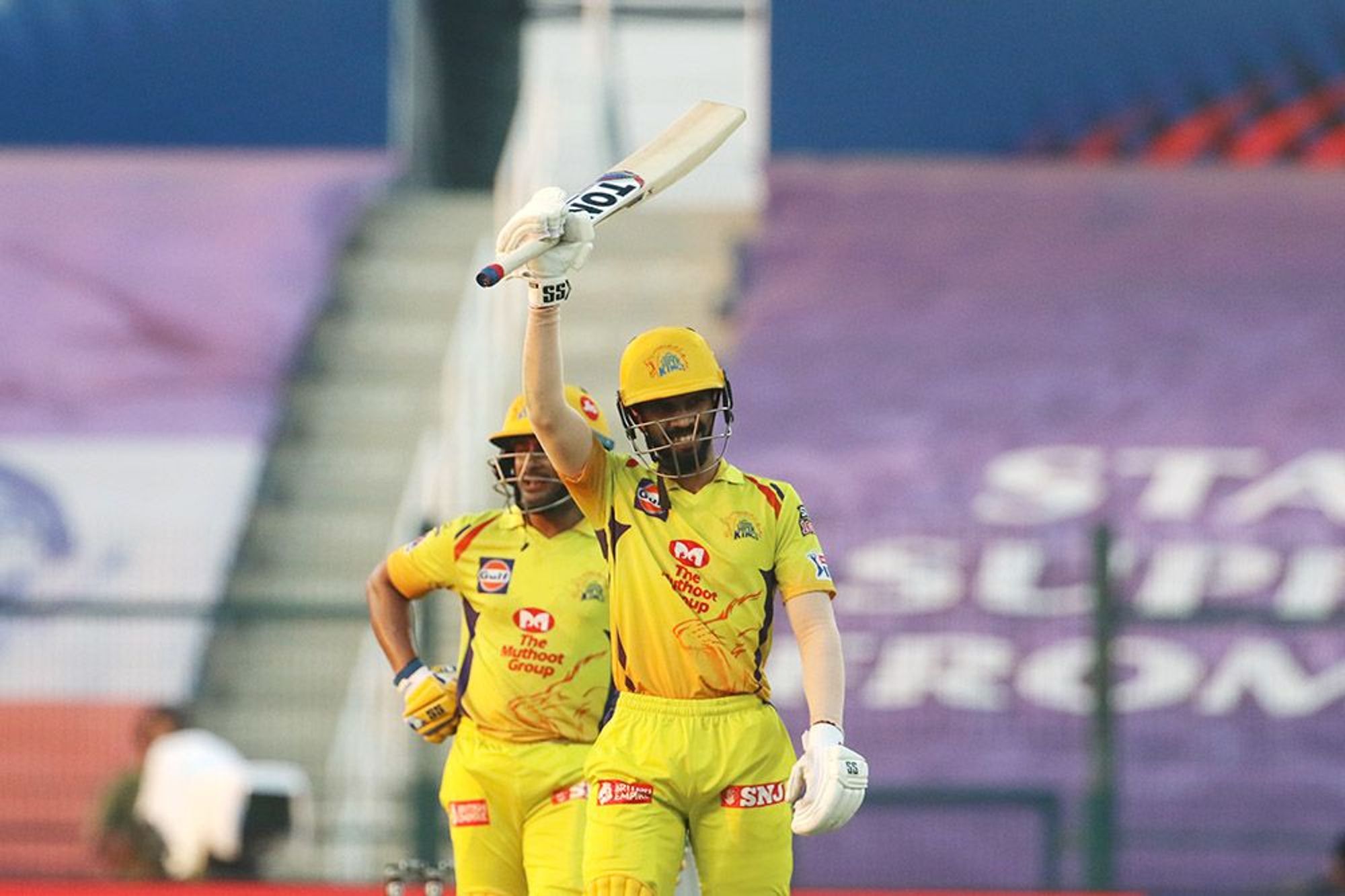 Ruturaj Gaikwad of Chennai Superkings raises his bat after scoring a fifty during the match. Credit: iplt20.com/BCCI