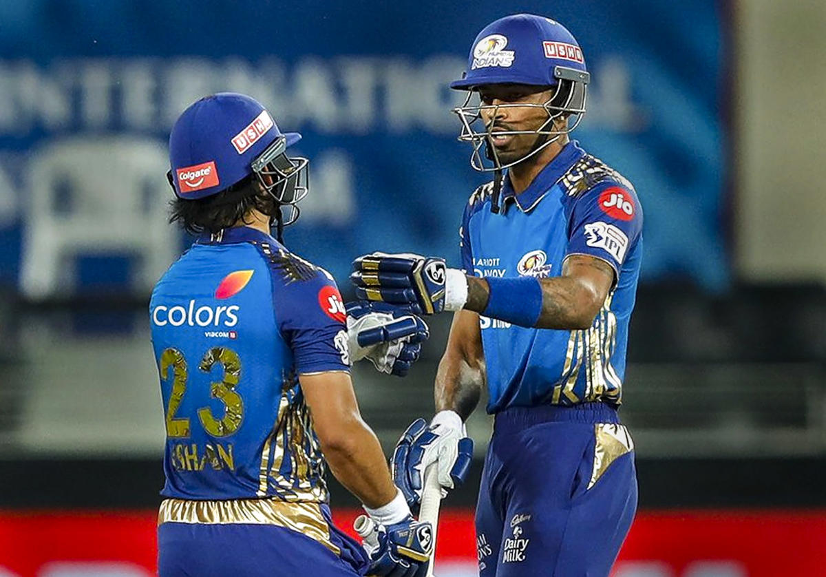 Ishan Kishan and Hardik Pandya of Mumbai Indians during the Qualifier 1 cricket match against Delhi Capitals. Credit: PTI Photo