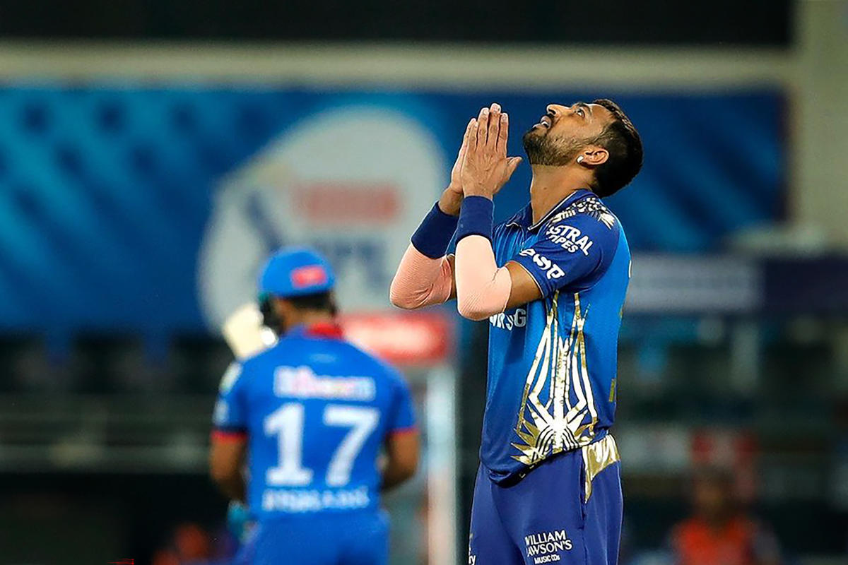 Krunal Pandya of Mumbai Indians reacts as he celebrates the wicket of Rishabh Pant of Delhi Capitals. Credit: PTI Photo