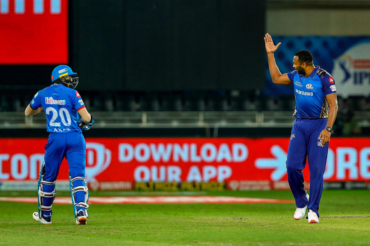 Kieron Pollard of Mumbai Indians celebrates the wicket of Axar Patel of Delhi Capitals. Credit: PTI Photo