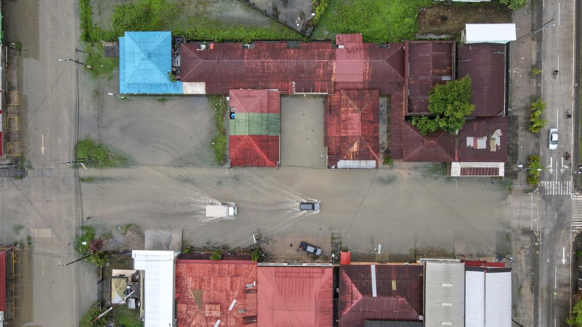 Areal view of a flooded street due to the heavy rains caused by Hurricane Eta, now degraded to a tropical storm, in Puerto Barrios, Izabal 310 km north Guatemala City. The death toll from hurricane Eta rose to at least 12 on Thursday as it spun itself out into a tropical depression in Central America. Credit: AFP Photo