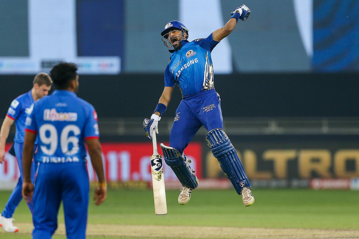 Mumbai Indians batsman Krunal Pandya celebrates after winning the final cricket match. Credit: PTI Photo
