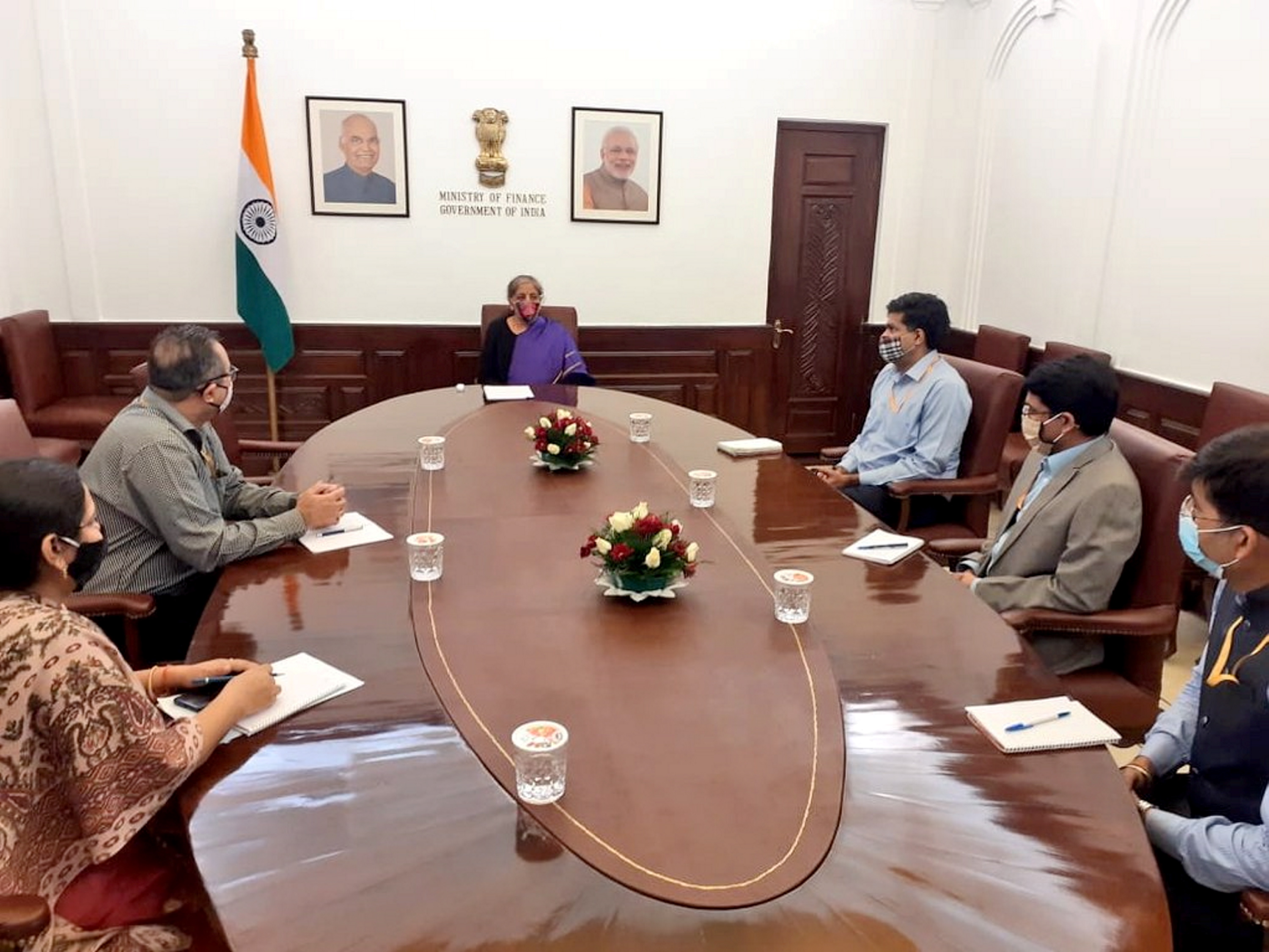 Union Finance Minister Nirmala Sitharaman interacts with the Directors and Deputy Secretaries of the Budget Division in New Delhi. Credit: PTI Photo