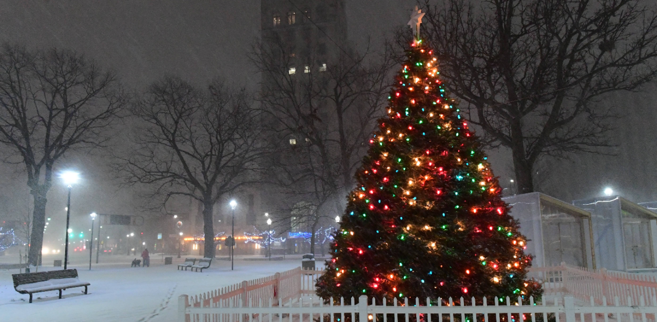 A man walks his dog near an illuminated Christmas tree during heavy snowfall in Wilkes Barre, Pennsylvania. Credit: AFP