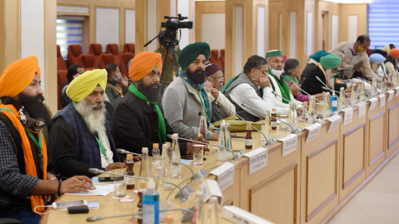 Bharatiya Kisan Union Spokesperson Rakesh Tikait and farmer representatives during the 8th round of talks with the government over the new farm laws, at Vigyan Bhawan in New Delhi. Credit: PTI Photo