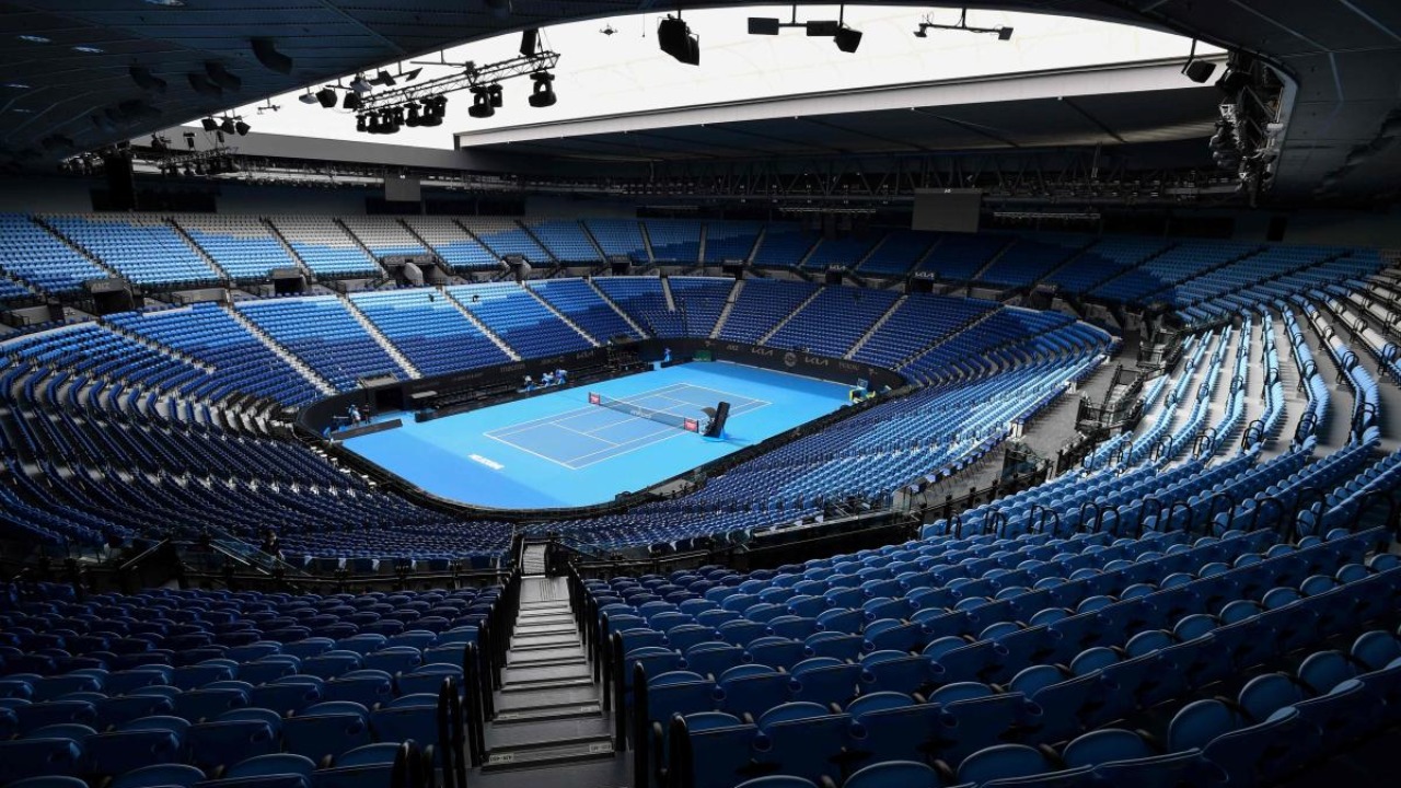 A general view of Rod Laver Arena is seen in Melbourne on February 4, 2021, as preparations for the Australian Open were thrown into chaos when up to 600 players and officials were told to isolate and get tested after a hotel staff member tested positive for Covid-19. Credit: AFP.
