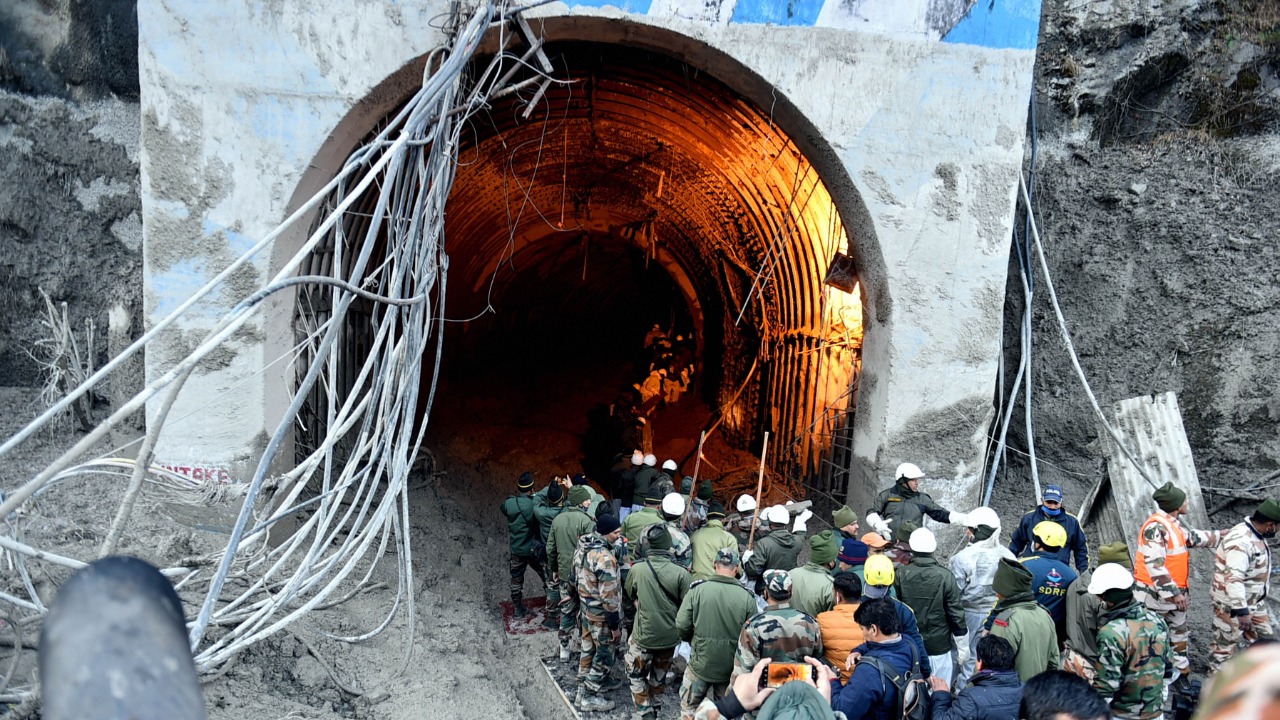 Rescue operations underway at Tapovan Tunnel, after a glacier broke off in Joshimath causing a massive flood in the Dhauli Ganga river, in Chamoli district of Uttarakhand. Credit: PTI Photo.