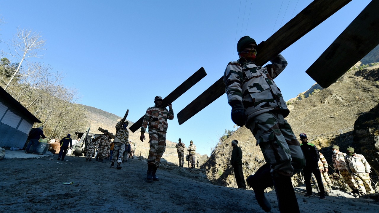 Rescue operations underway near Tapovan Tunnel, after a glacier broke off in Joshimath causing a massive flood in the Dhauli Ganga river, in Chamoli district of Uttarakhand. Credit: PTI Photo.