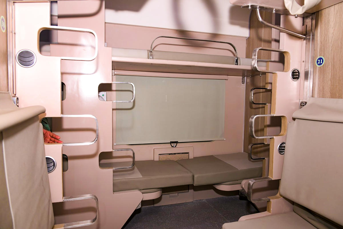 The coach also has improved and modular design of seats and berths, foldable snack tables in both longitudinal and transverse bays, injury free spaces and holders for water bottles, mobile phone and magazine. Credit: PTI Photo