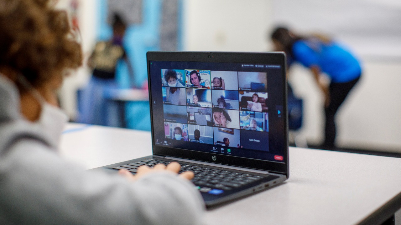 Khayo, 6, takes a zoom class as the Westchester Family YMCA provides a safe distance learning environment for local students during the outbreak of Covid-19 in Los Angeles, California, US. Credit: Reuters Photo